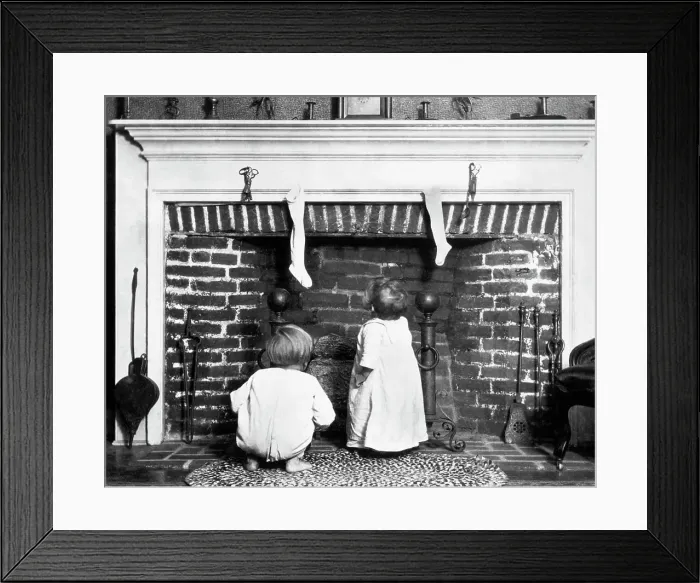 Framed Print : Children at Fireplace Waiting for Santa Framed Print : Children at Fireplace Waiting for Santa