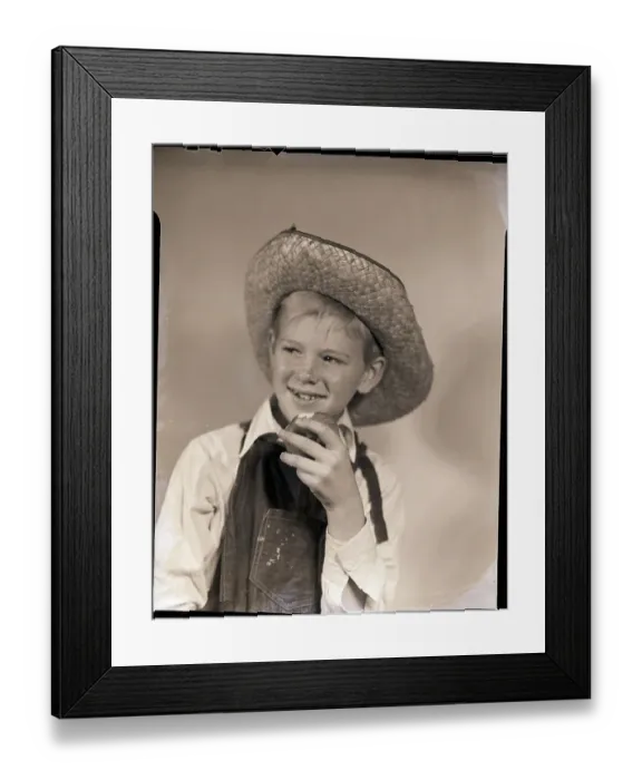 Framed Print : Boy in Straw Hat Eating Apple Framed Print : Boy in Straw Hat Eating Apple