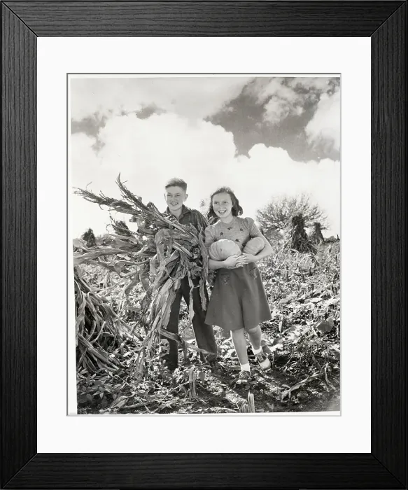 Framed Print : Boy and Girl Carrying Corn and Pumpkins Framed Print : Boy and Girl Carrying Corn and Pumpkins