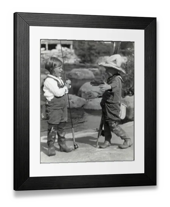 Framed Print : Boy And Girl Dressed In Fly-Fishing Gear Framed Print : Boy And Girl Dressed In Fly-Fishing Gear