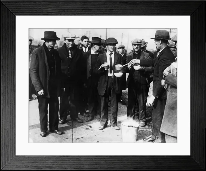Framed Print : Unemployed Men Receive Soup and Bread Framed Print : Unemployed Men Receive Soup and Bread