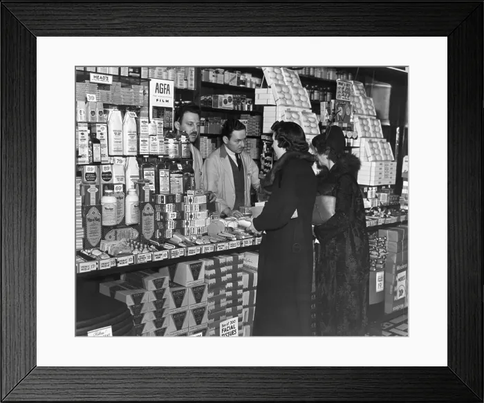 Framed Print : Drug Store Crowded with Product Displays Framed Print : Drug Store Crowded with Product Displays