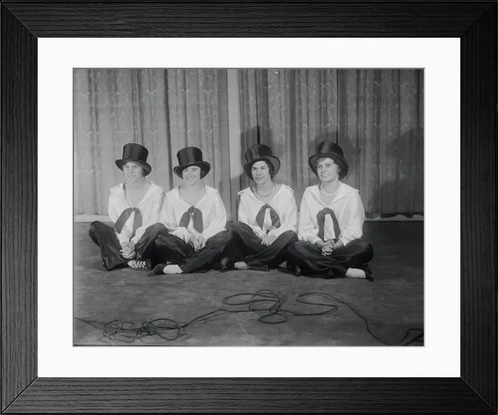 Framed Print : Young Women Posing in Top Hats at Charity Function Framed Print : Young Women Posing in Top Hats at Charity Function