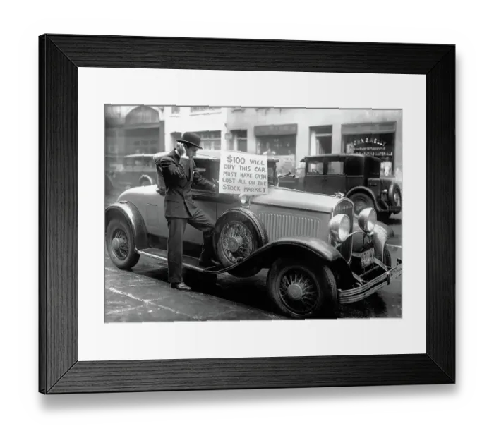 Framed Print : Man Selling Roadster After Stock Market Crash Framed Print : Man Selling Roadster After Stock Market Crash
