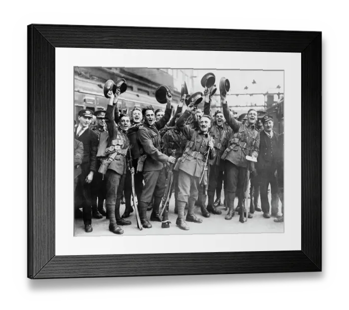 Framed Print : Troops Waving Their Hats on Arrival Home Framed Print : Troops Waving Their Hats on Arrival Home