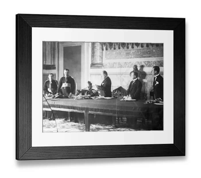 Framed Print : Mussolini Reads Pact to Vatican Officials Framed Print : Mussolini Reads Pact to Vatican Officials