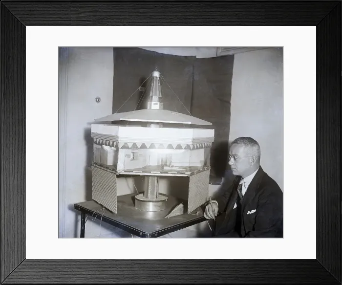 Framed Print : Buckminster Fuller with Dymaxion House Framed Print : Buckminster Fuller with Dymaxion House