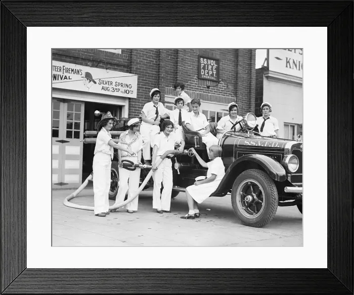 Framed Print : Firewomen Grouped Around Fire Engine Framed Print : Firewomen Grouped Around Fire Engine