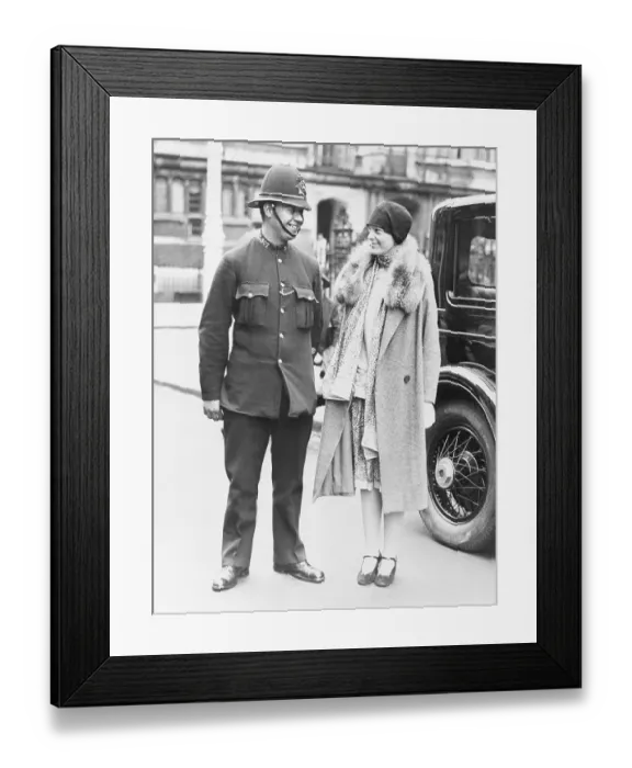 Framed Print : Amelia Earhart Chatting with British Policeman Framed Print : Amelia Earhart Chatting with British Policeman