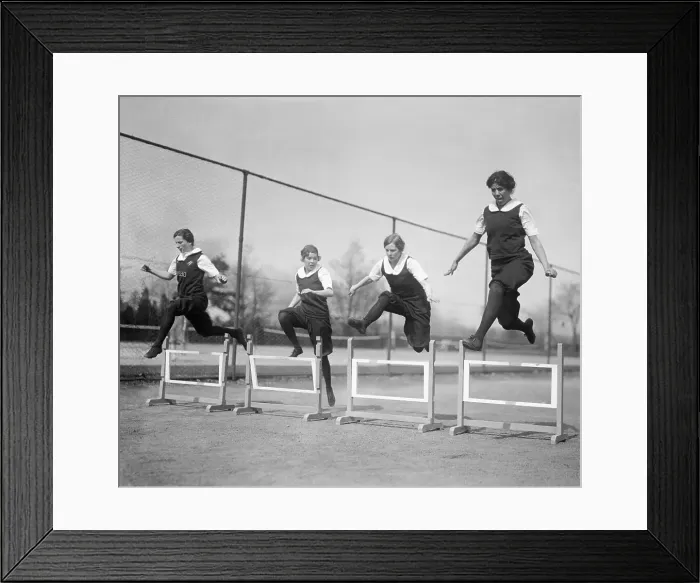 Framed Print : Radcliffe College Students Jumping Hurdles Framed Print : Radcliffe College Students Jumping Hurdles
