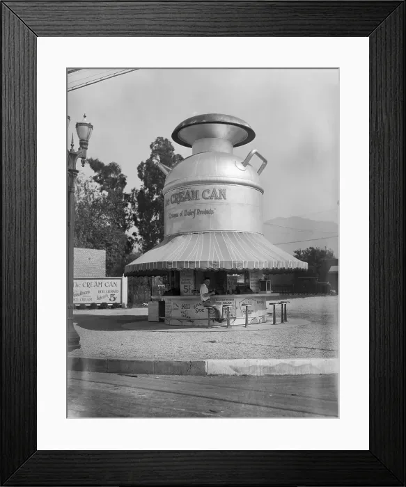 Framed Print : Dairy Product Stand Shaped Like Milk Can Framed Print : Dairy Product Stand Shaped Like Milk Can