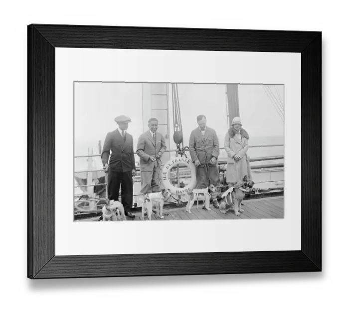 Framed Print : Pet Owners with Dogs Wearing Life Preservers Framed Print : Pet Owners with Dogs Wearing Life Preservers