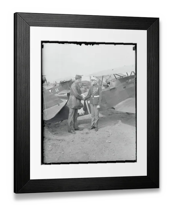 Framed Print : Charles Lindbergh Shaking Hand of Marine Near Airplane Framed Print : Charles Lindbergh Shaking Hand of Marine Near Airplane