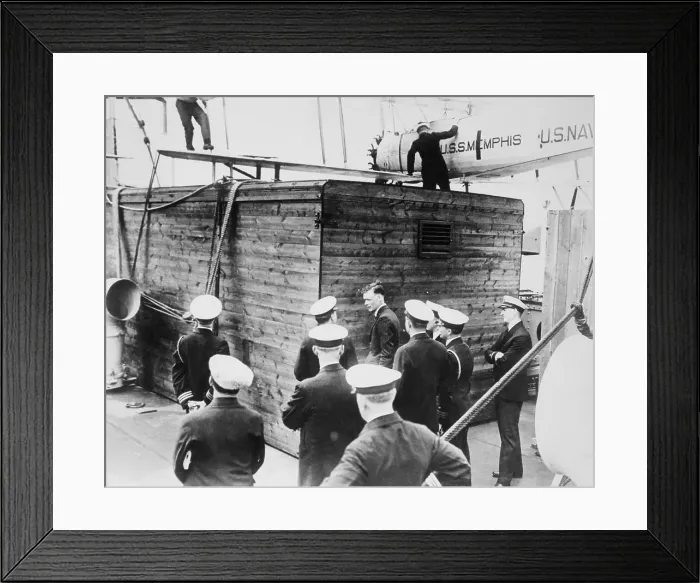 Framed Print : Charles Lindbergh Aboard Warship with Crate Framed Print : Charles Lindbergh Aboard Warship with Crate