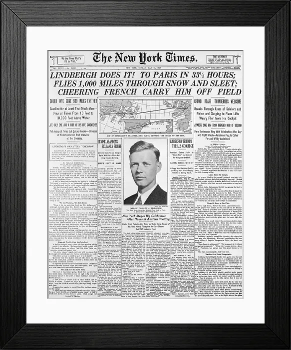 Framed Print : Lindbergh's Successful Flight on Newspaper Cover Framed Print : Lindbergh's Successful Flight on Newspaper Cover