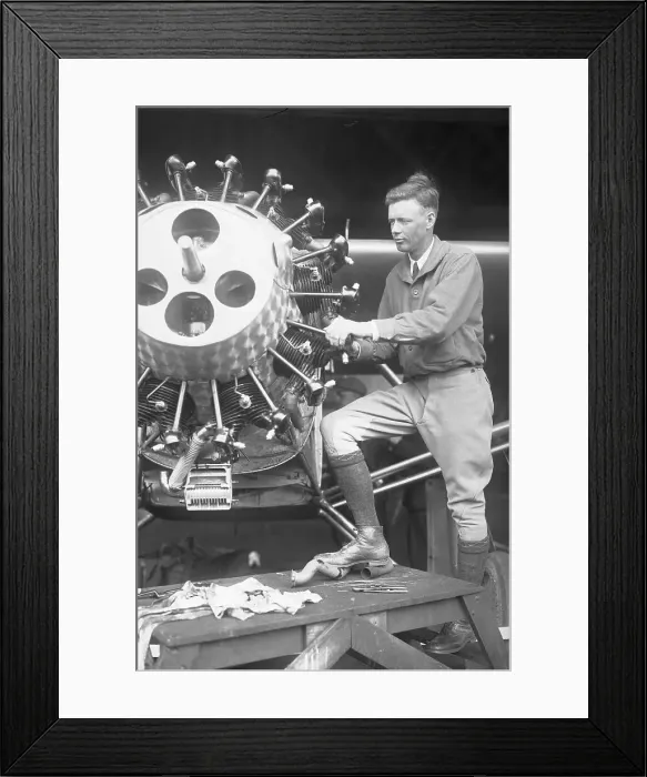 Framed Print : Charles Lindbergh Inspecting Airplane Motor for His Transatlantic Flight Framed Print : Charles Lindbergh Inspecting Airplane Motor for His Transatlantic Flight