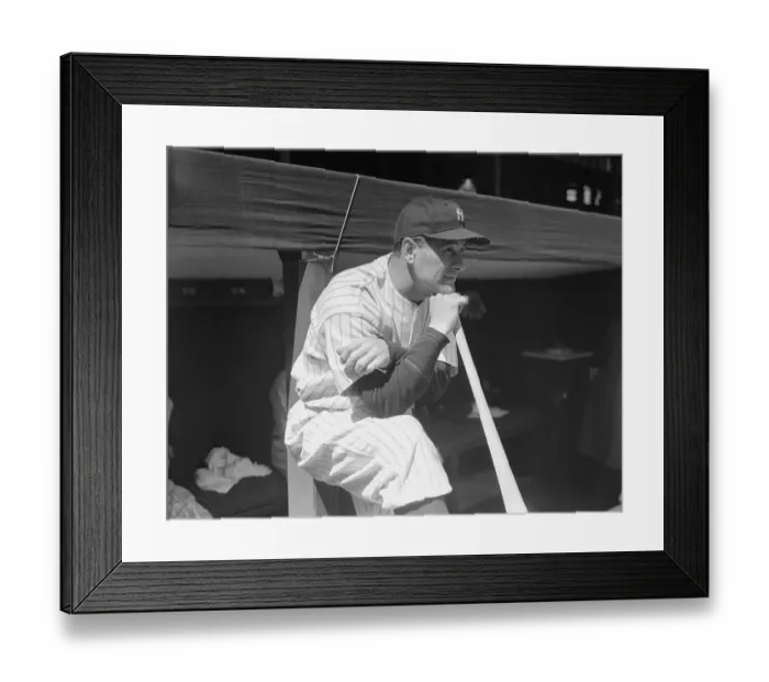 Framed Print : Lou Gehrig Leaning on Baseball Bat While Watching Game from Dugout Framed Print : Lou Gehrig Leaning on Baseball Bat While Watching Game from Dugout