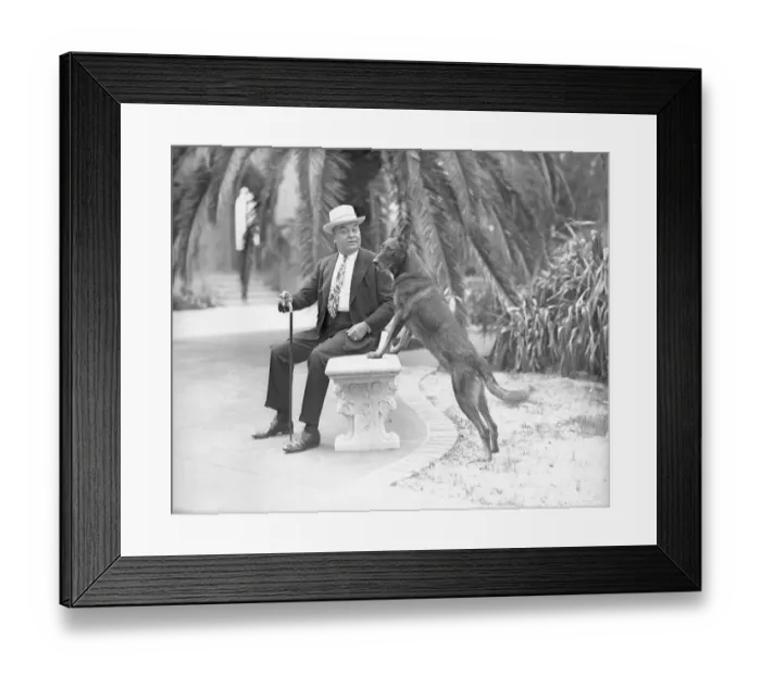 Framed Print : John Ringling Sitting on Bench with Dog at His side Framed Print : John Ringling Sitting on Bench with Dog at His side