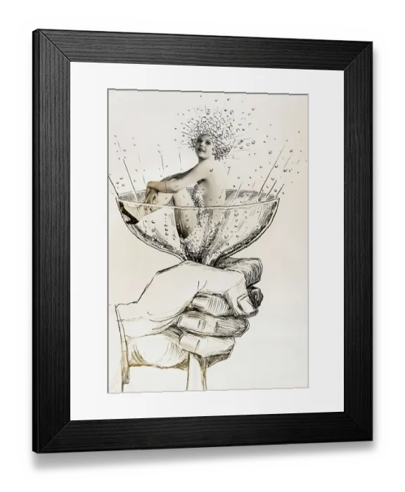 Framed Print : Young Actress Edna Marion in an Illustrated Glass of Champagne