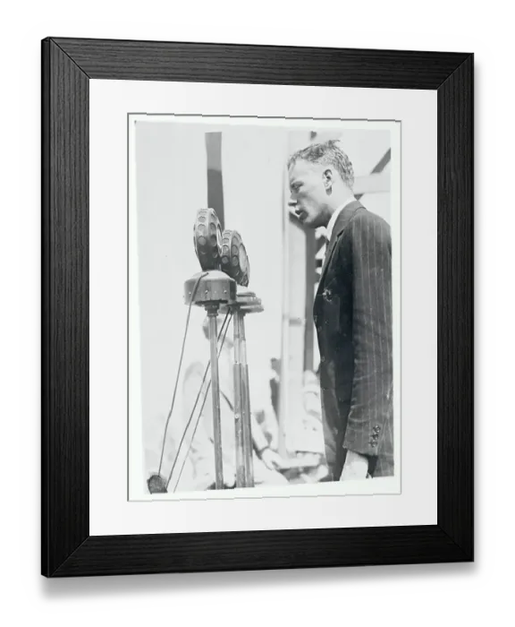 Framed Print : Charles Lindbergh Speaking Throught Microphone Framed Print : Charles Lindbergh Speaking Throught Microphone