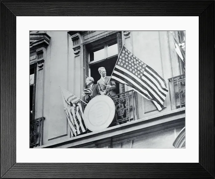 Framed Print : Myron T. Herrick and Charles Lindbergh Waving Flag in Window Framed Print : Myron T. Herrick and Charles Lindbergh Waving Flag in Window