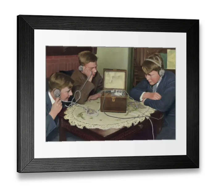 Framed Print : Three Boys Listening With Earphones, 1927 Framed Print : Three Boys Listening With Earphones, 1927