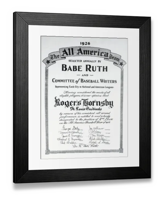 Framed Print : Certificate for Rogers Hornsby from Babe Ruth for All American Team Position Framed Print : Certificate for Rogers Hornsby from Babe Ruth for All American Team Position