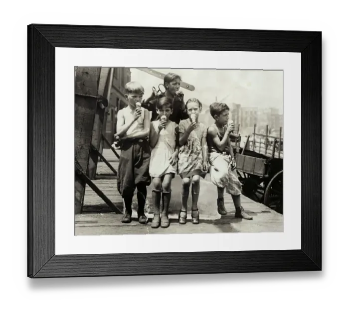 Framed Print : Kids Sitting on Ice Block Eating Ice Cream Cones