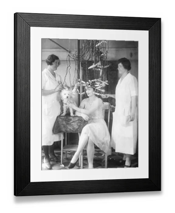 Framed Print : Woman and Pet Poodle Get Hair Permanents