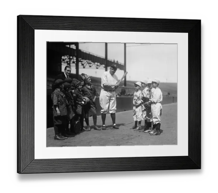 Framed Print : Babe Ruth Teaching Batting Techniques to Boy Rangers Framed Print : Babe Ruth Teaching Batting Techniques to Boy Rangers
