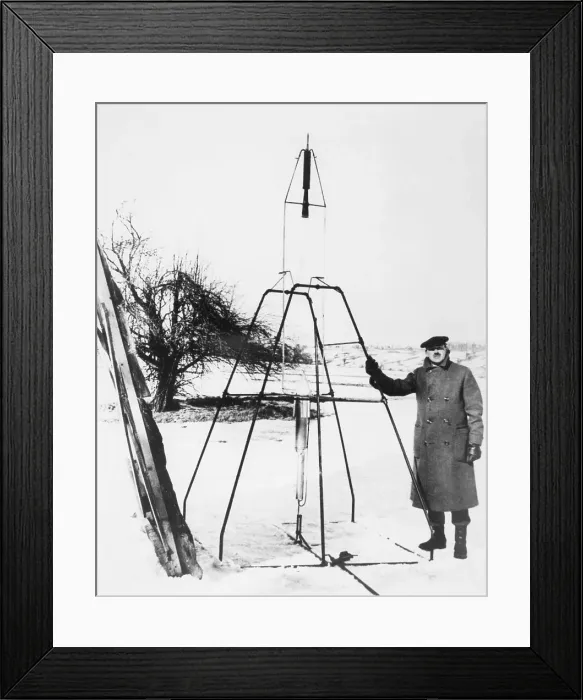 Framed Print : Dr. Goddard with First Liquid- Fueled Rocket, 1926 Framed Print : Dr. Goddard with First Liquid- Fueled Rocket, 1926