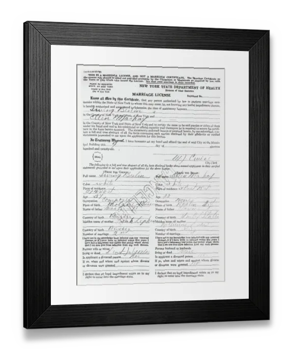 Framed Print : Photocopy of Berlin's Marriage License Framed Print : Photocopy of Berlin's Marriage License
