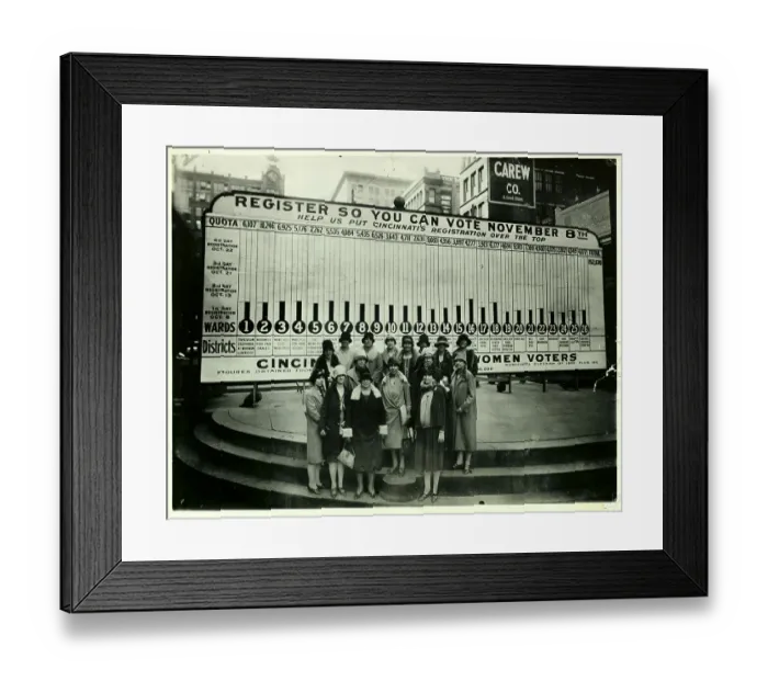 Framed Print : Women Voters Standing in Front of Propaganda Poster Framed Print : Women Voters Standing in Front of Propaganda Poster