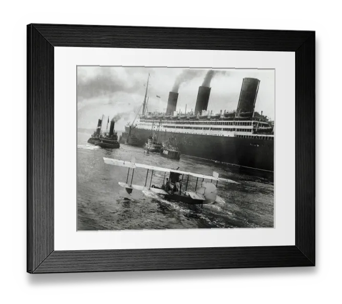 Framed Print : Boats & Airplane Greet Ocean Liner Framed Print : Boats & Airplane Greet Ocean Liner