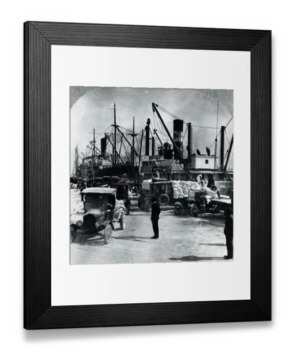 Framed Print : Trucks at Wharf Carry Bags from Ships Framed Print : Trucks at Wharf Carry Bags from Ships