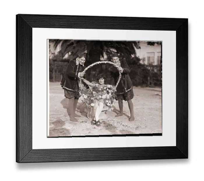 Framed Print : Woman in Bouquet, Pages Hold Basket
