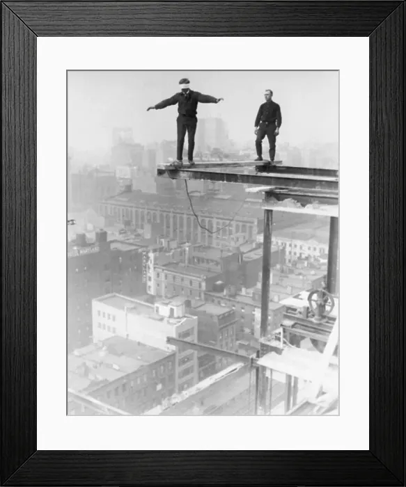 Framed Print : Man Walking Blindfolded on Girder Framed Print : Man Walking Blindfolded on Girder