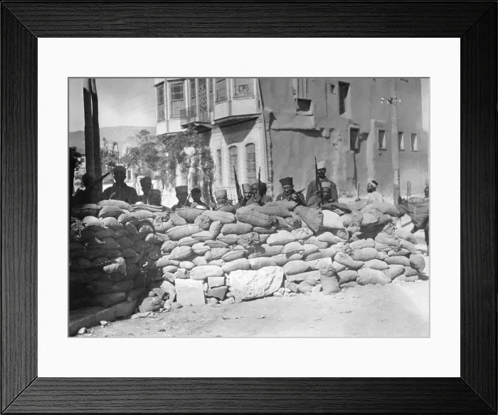 Framed Print : Soldiers Standing Behind Street Barricade Framed Print : Soldiers Standing Behind Street Barricade
