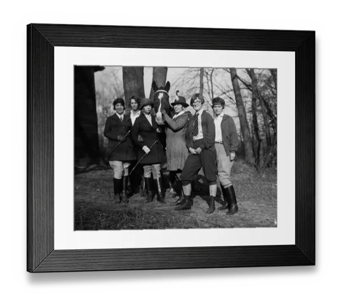 Framed Print : Group portrait of teenage girls (16-17 years) with horse in forest. October 29, 1925 Framed Print : Group portrait of teenage girls (16-17 years) with horse in forest. October 29, 1925