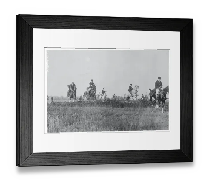 Framed Print : Men Riding Horseback and Jumping Fence on Hunt Framed Print : Men Riding Horseback and Jumping Fence on Hunt