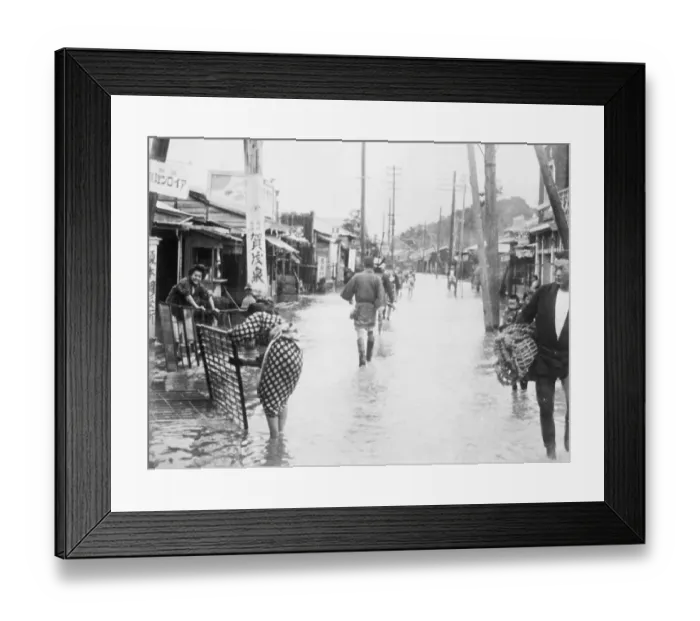 Framed Print : Japanese Citizens Wading Flooded Street Framed Print : Japanese Citizens Wading Flooded Street