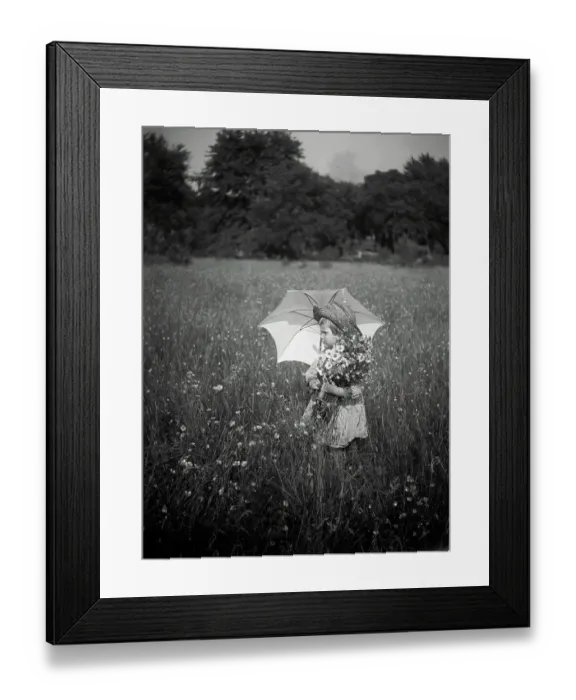Framed Print : Girl with Umbrella and Daisies Framed Print : Girl with Umbrella and Daisies