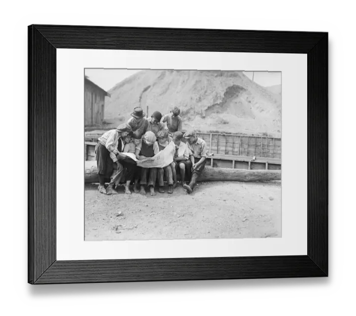 Framed Print : Miners Children Reading Newspaper