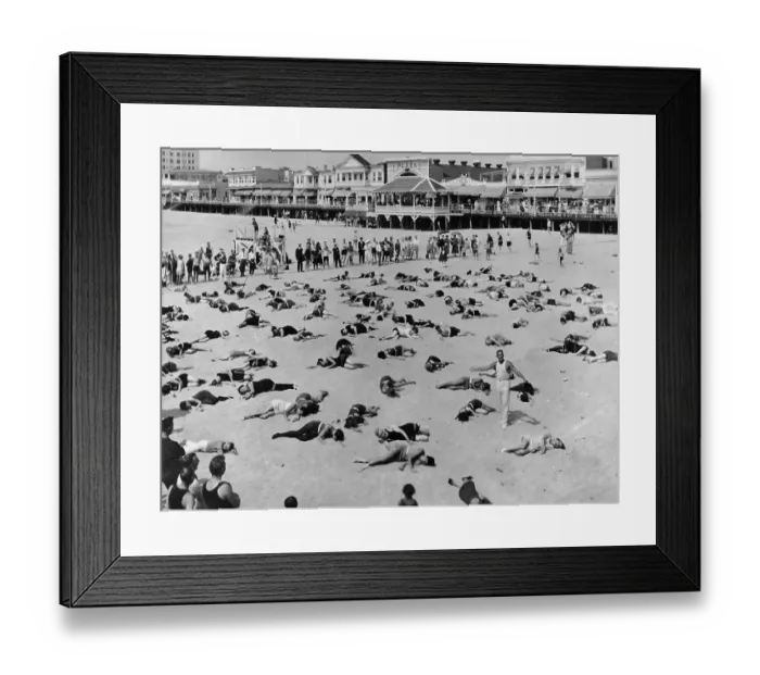 Framed Print : People Performing Relaxing Exercises on Beach, Ocean City, New Jersey, USA. August 26, 1925 Framed Print : People Performing Relaxing Exercises on Beach, Ocean City, New Jersey, USA. August 26, 1925