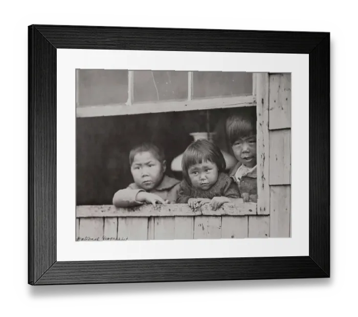 Framed Print : Eskimo Youngsters Peering from Window Framed Print : Eskimo Youngsters Peering from Window