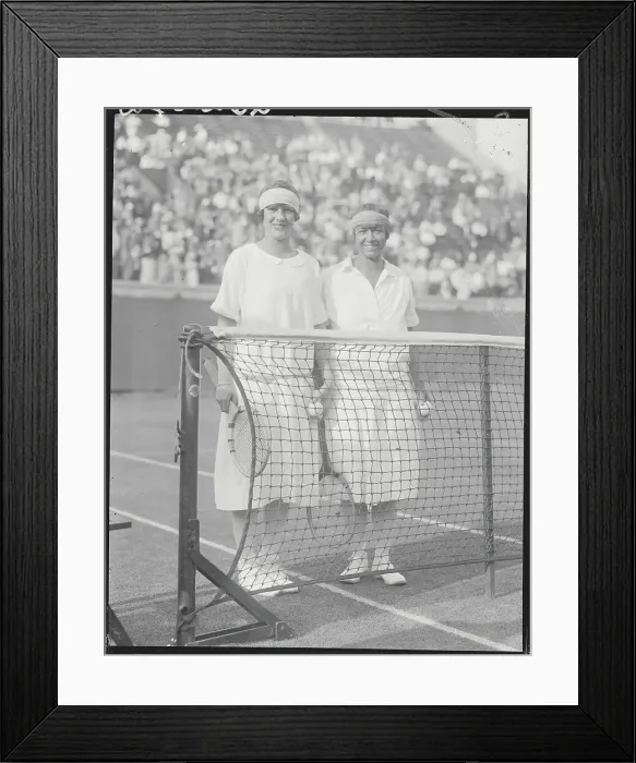 Framed Print : Tennis Players Molla Mallory and Joan Frey Posing by Net Framed Print : Tennis Players Molla Mallory and Joan Frey Posing by Net