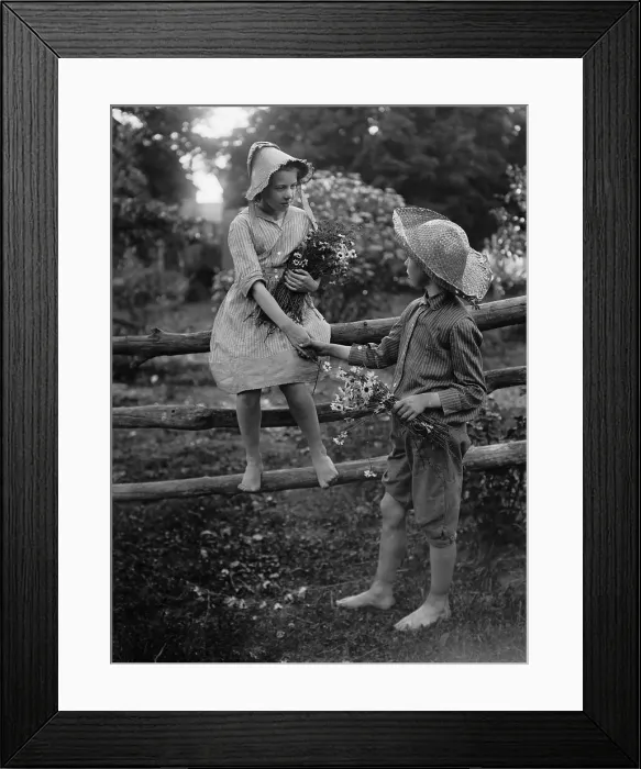 Framed Print : Boy Helping Girl (10-12 years) Climb Off of Fence. August 11, 1925