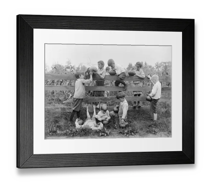 Framed Print : Group of children (4-12 years) by fence, holding pumpkins. August 05, 1925 Framed Print : Group of children (4-12 years) by fence, holding pumpkins. August 05, 1925