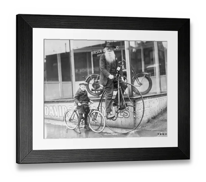 Framed Print : Little Boy and Grandfather on Bicycles Framed Print : Little Boy and Grandfather on Bicycles