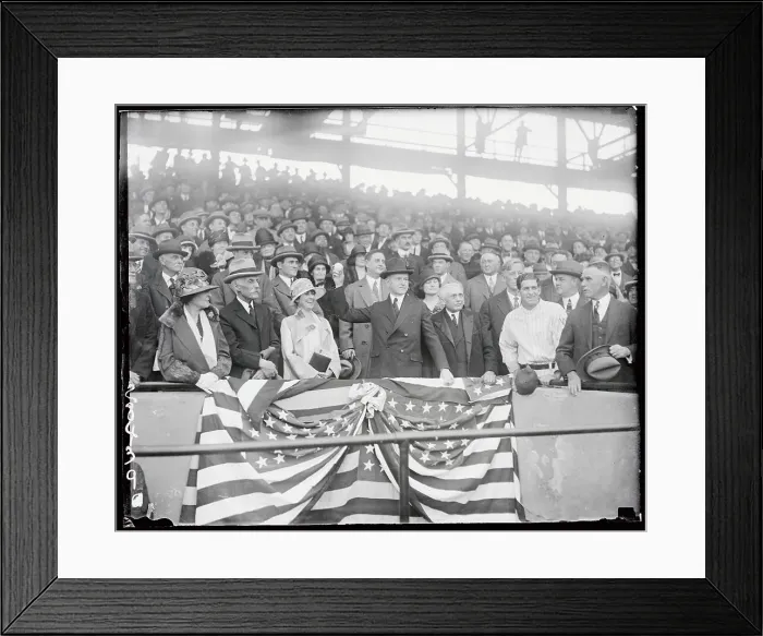 Framed Print : President Calvin Coolidge Throwing Baseball from Grandstands Framed Print : President Calvin Coolidge Throwing Baseball from Grandstands